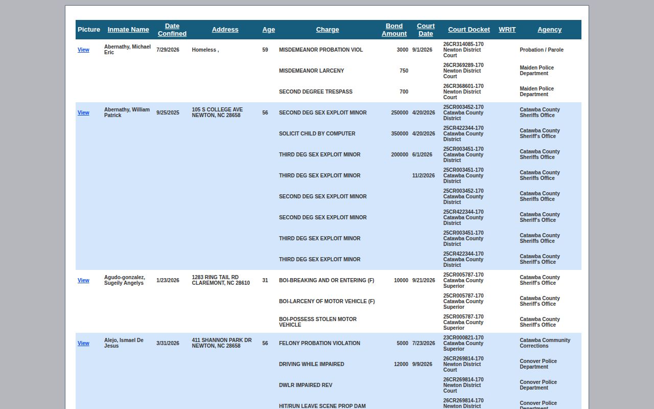 Catawba County Detention Facility official custody roster and booking record fields