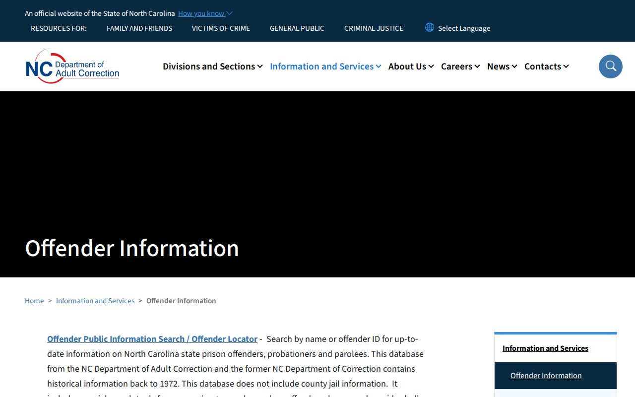 Catawba County state custody record search in the North Carolina Department of Adult Correction offender locator
