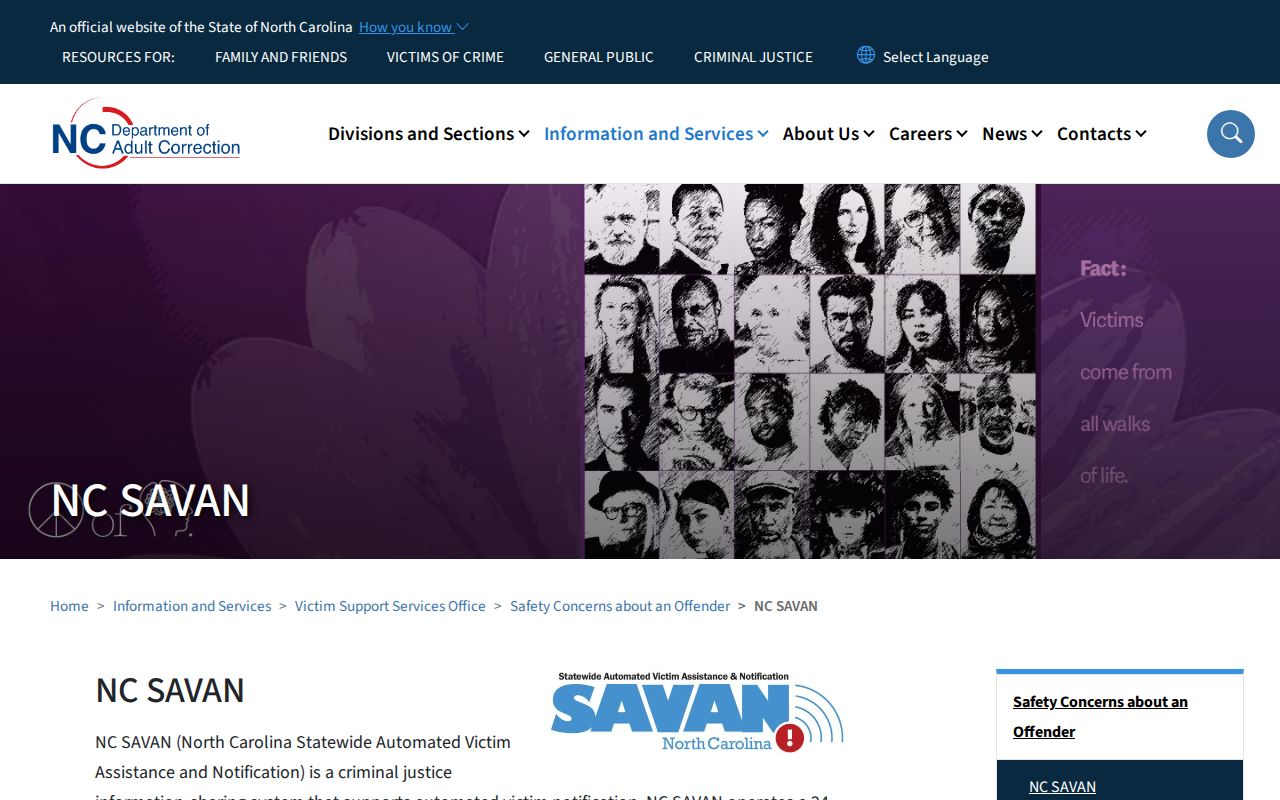 NC SAVAN official custody notification information for Catawba County records