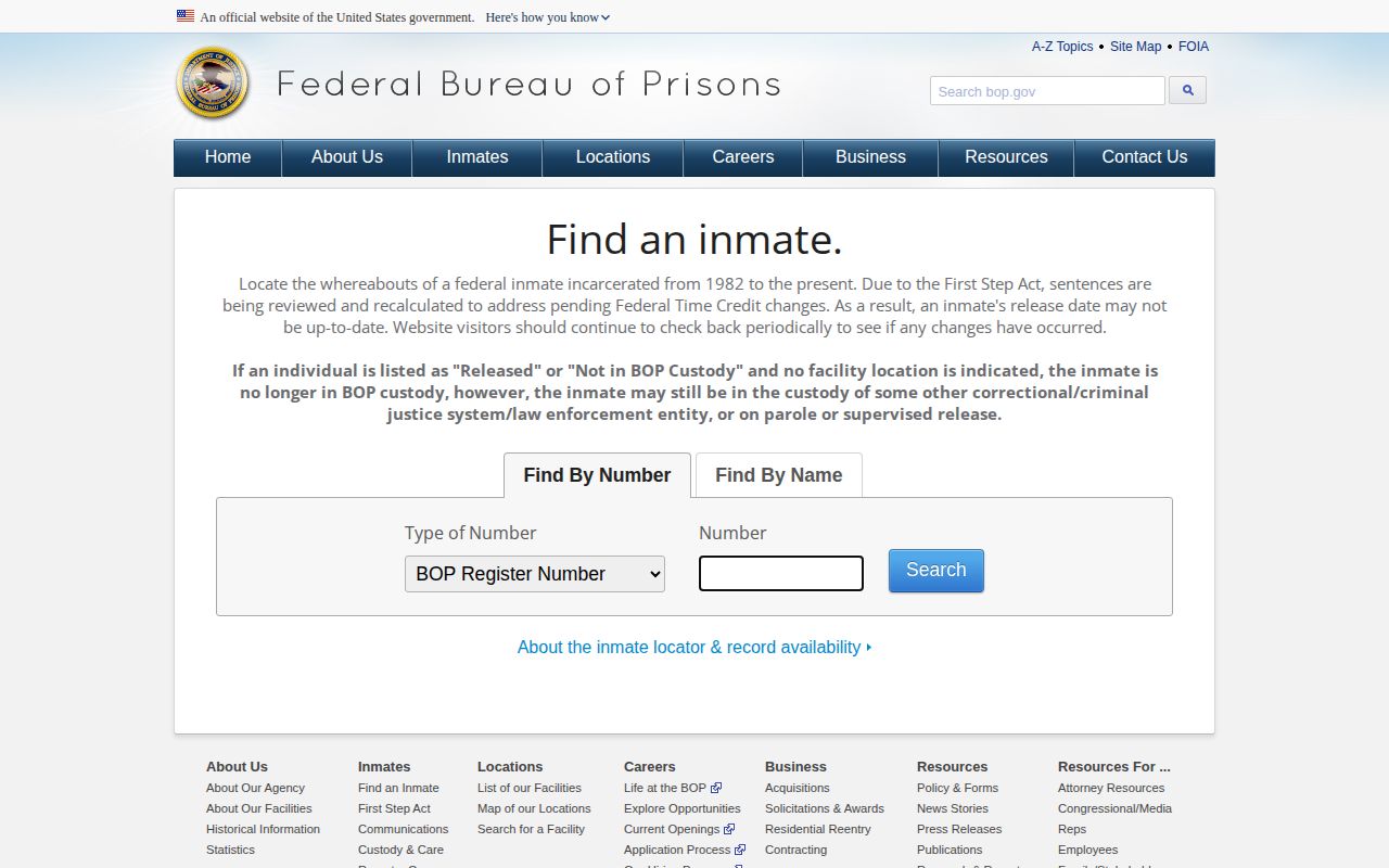 Catawba County federal custody record search at the Federal Bureau of Prisons Inmate Locator